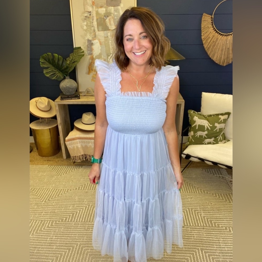 NWT Listicle Smocked Ruffle Tiered Mesh Midi Maxi Dress Size Large Retail $74